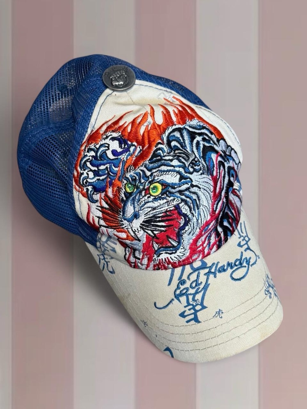 Edhardy Vintage Y2K Tiger Cream/Blue Trucker Hat
